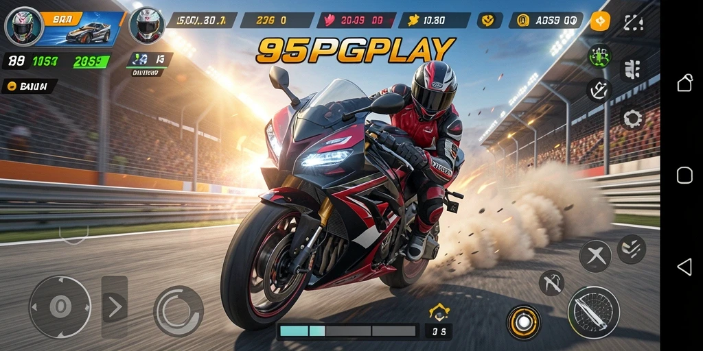 Tampilan gameplay menegangkan di 95PGPLAY saat balapan motor.