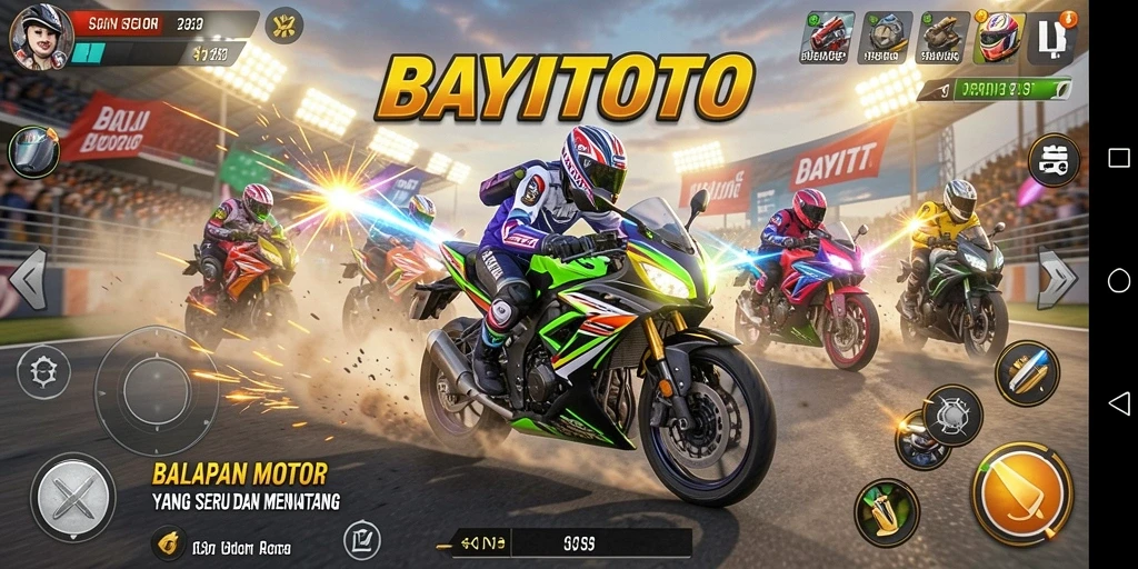 Screenshot utama gameplay BAYITOTO dengan motor balap yang melaju kencang.