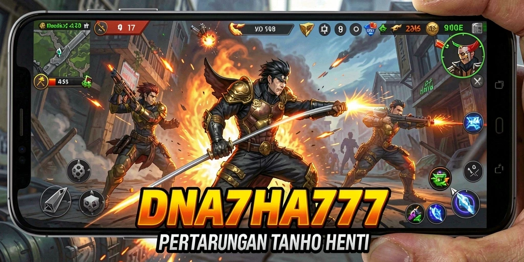 Screenshot utama menunjukkan pertarungan mendebarkan dalam action gameplay DNA777.