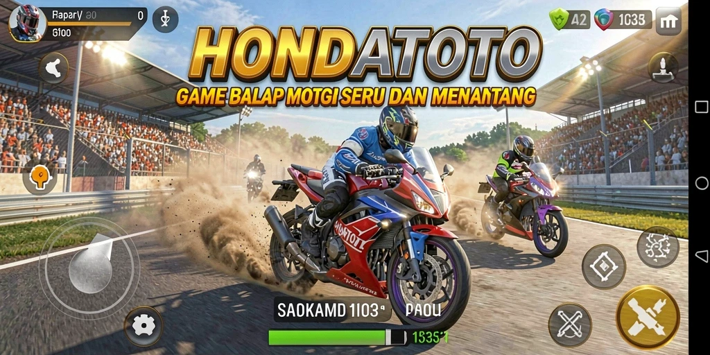 Tampilan gameplay HONDATOTO yang mendebarkan dengan motor balap.
