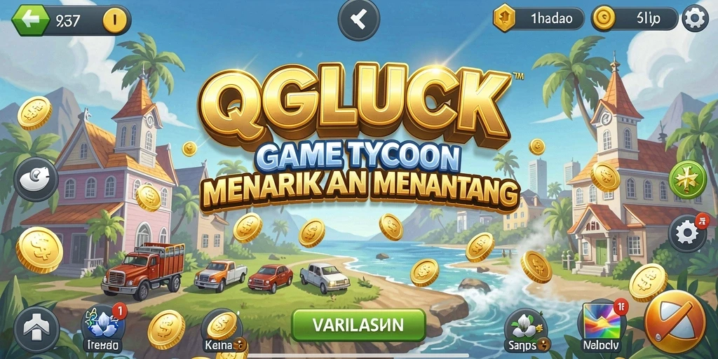 Tangkapan layar QGLUCK menampilkan gameplay manajemen bisnis yang menarik.