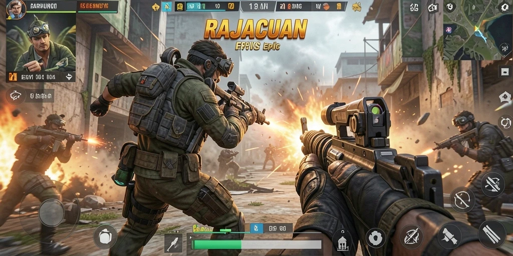 Tampilan screenshot utama RAJACUAN menampilkan aksi pertempuran yang intens.